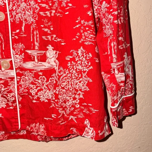 Red French Toile Pajama Top | Scenic Print Button Front - Picture 5 of 7